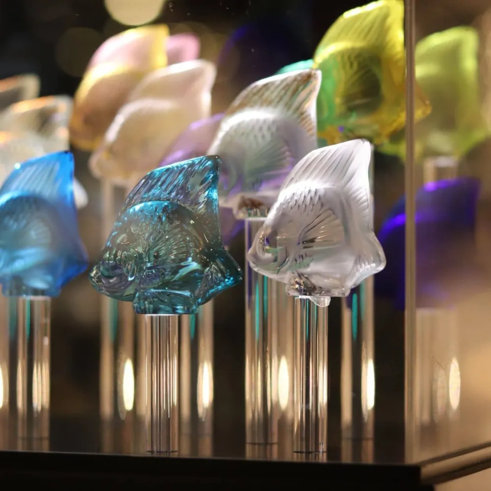 Vessière Cristaux Bestiaire|Animaux Cristal|Base aquarium 25 poissons lalique + cloche
