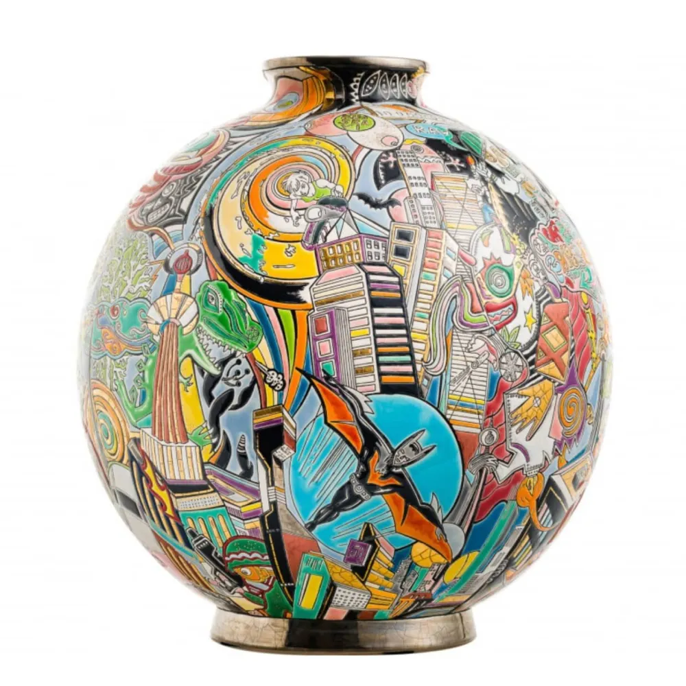 Vessière Cristaux Éditions D’Art Cristal|Vases & Boules|Boule coloniale Nouveau monde Guive Khosravi & Émaux de Longwy