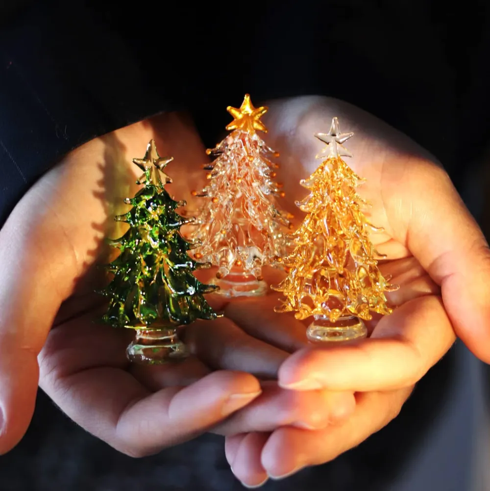 Vessière Cristaux Décoration|Figurines Miniature Cristal|Coffret Sapins miniature verre au chalumeau X3