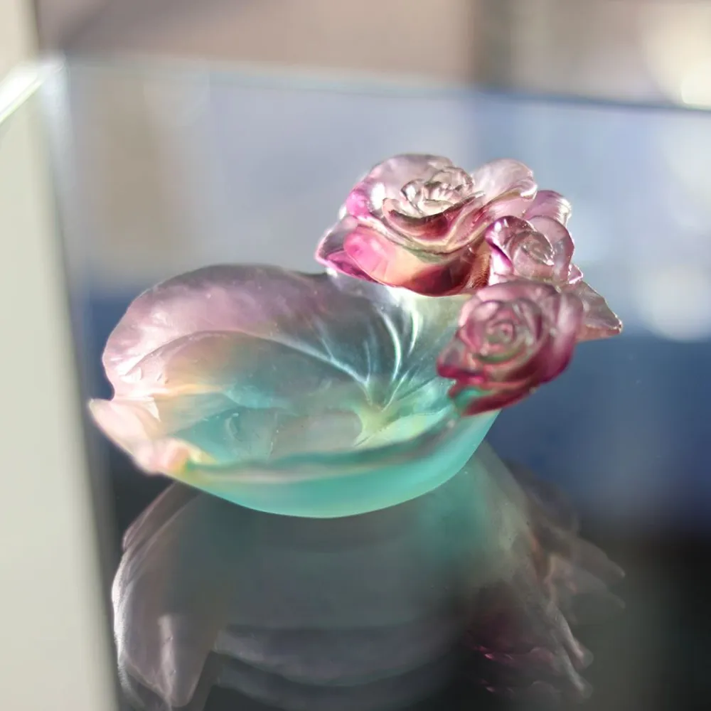 Vessière Cristaux Coupelles Cristal|Vide-Poches Cristal|Coupelle rose passion daum rose verte