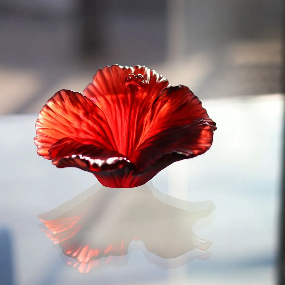 Vessière Cristaux Fleurs Cristal|Sulfures, Presse-Papiers Cristal|Fleur hibiscus daum