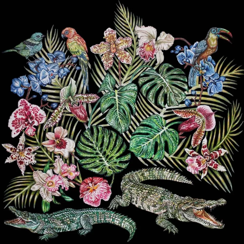 Vessière Cristaux Bijoux|Foulards Lalique|Foulard Lalique By Ginny Litscher Dessin Jungle Noir