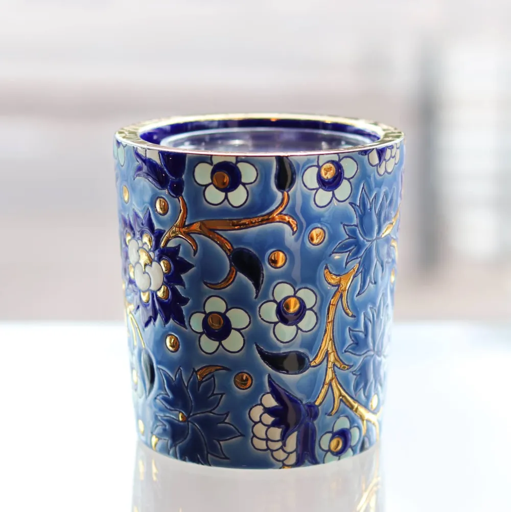 Vessière Cristaux Coupes & Photophores|Photophores, Bougeoirs Cristal|Pot à bougie bleu Héritage Émaux de Longwy