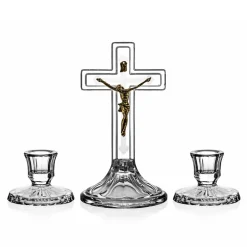 Vessière Cristaux Décoration|Symboles Religieux Cristal|Set Crucifix + 2 bougeoirs cristal de Bohême