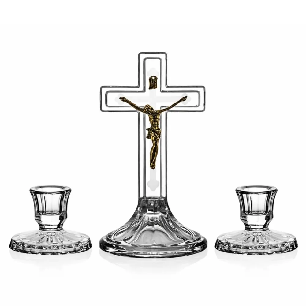 Vessière Cristaux Décoration|Symboles Religieux Cristal|Set Crucifix + 2 bougeoirs cristal de Bohême