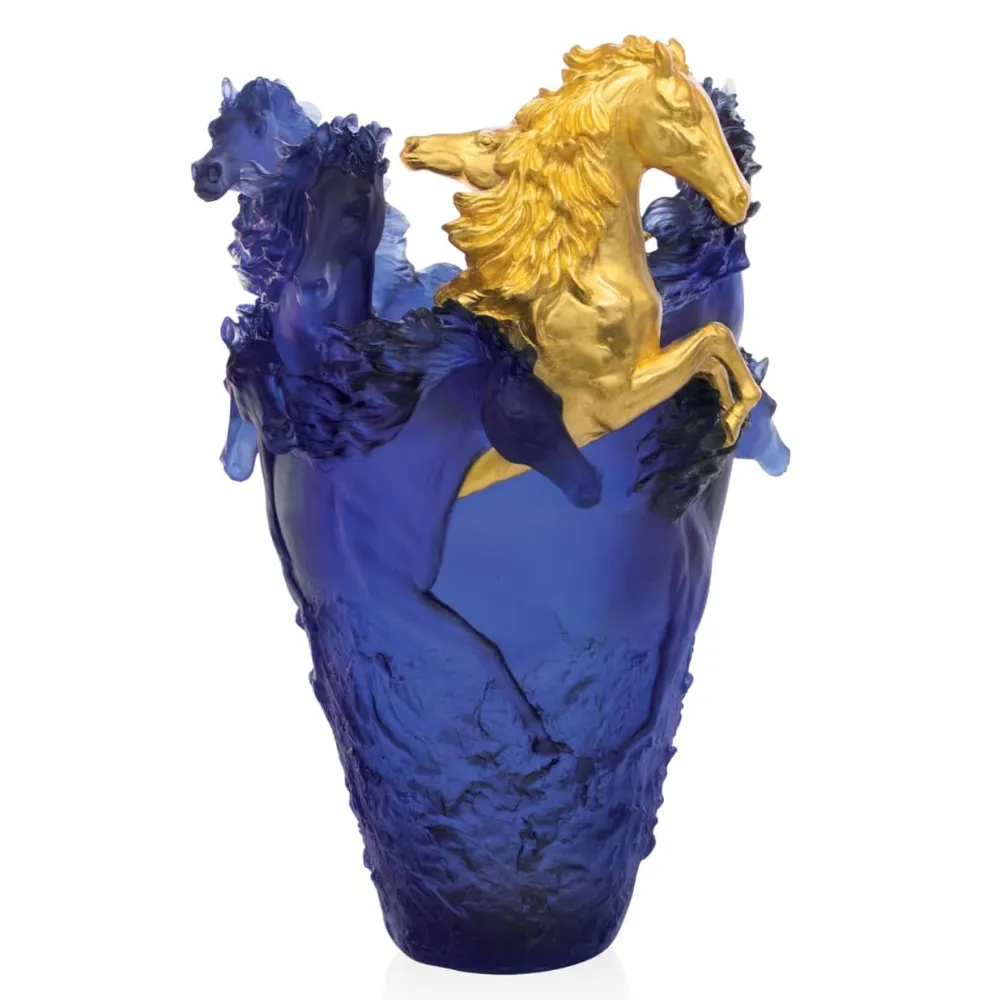 Vessière Cristaux Vases|Editions D’Art|Vase cheval cavalcade magnum bleu & or daum