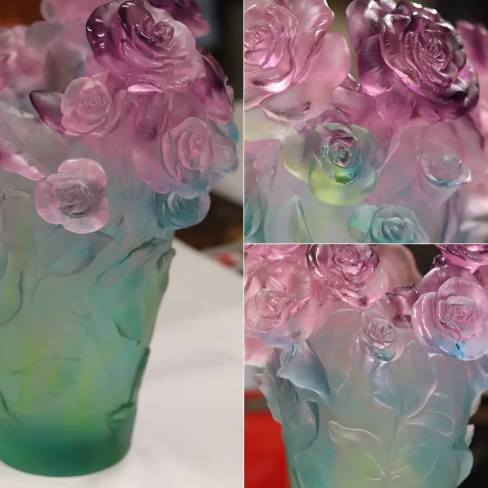 Vessière Cristaux Vases|Vases Cristal Couleur|Vase roses passion vert rose daum